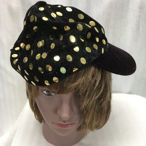 Black Velvet Cap with Gold Polka Dots